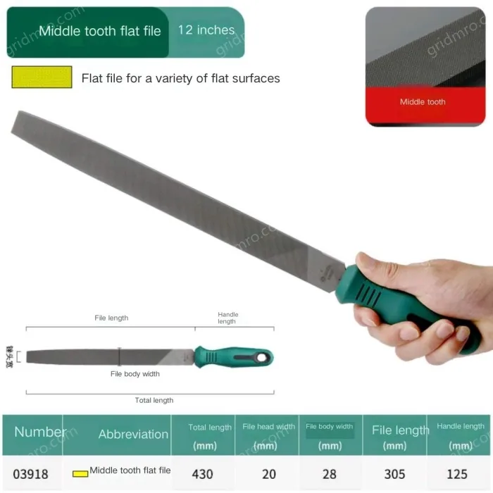 The medium tooth flat file is 12 inches and has a total length of 430mm